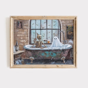 Ghost & Skeleton in Bathtub Print | Halloween PRINTABLE Wall Art | Halloween Bathroom Decor | Spooky Bubblebath Art