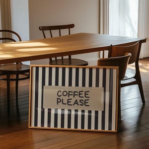 Póster físico - Arte de pared "Café, por favor, desayuno", cita tipográfica divertida de cocina a rayas negras y beige, póster de cafetería/bar de café con leche estilo rústico imagen 6