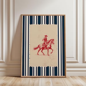 Physical Poster - Vintage Striped Rodeo Print Western Bedroom Poster Cowboy Wall Art Red Navy Rustic Mid West Mid Century Retro Horse Print