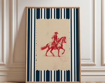 Physical Poster - Vintage Striped Rodeo Print Western Bedroom Poster Cowboy Wall Art Red Navy Rustic Mid West Mid Century Retro Horse Print