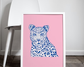 Y2K Colorful Retro Leopard Animal Bedroom Trendy Art Print in Pink and Blue | Wall Decor| Digital Prints| Home Decor| Wall Art