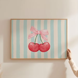 Physical Poster - Trendy Coquette Bow Cherry Landscape Art Print | Retro Girly Kitchen Bedroom Wall Art with Blue Stripe Design