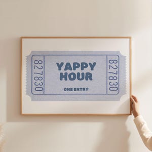 Blue Yappy Hour Ticket Print | Funny Kitchen Bar Cocktail Art, Happy Hour Trendy Digital Prints for Retro Wall Art Landscape Horizontal
