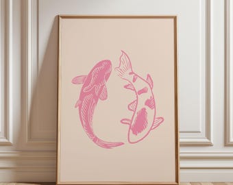 Fysieke poster - roze beige koivissen print liefde muurkunst | Japanse esthetische trending muurkunst voor woonkamer