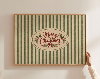 Physical Poster - Merry Christmas Script Sign, Farmhouse Wall Art, Holly Bow Holiday Poster, Green Ticking Stripe Print