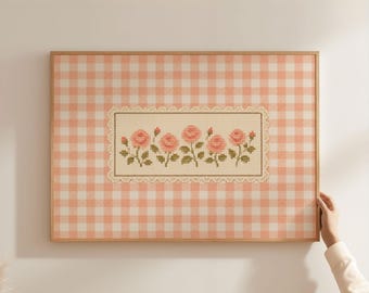 Physical Poster - Peach Rose Cross Stitch Wall Art Print, Blush Pink Gingham Floral Botanical Cottagecore Home Decor