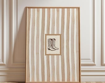 Stampa murale con stivali da cowboy, beige, rustico, stile Mid-West, metà secolo, moderno, retrò, vintage, acquerello, poster a righe, stile rodeo western