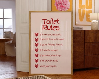 Physical Poster - Retro Quote Minimalist Toilet Rules Bathroom Typography Print in Red |Wall Decor|Digital Prints| Home Decor
