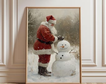 Physical Poster - Santa Claus Wall Art, Christmas Decor Poster, Vintage Oil Painting Style, Santa Building Snowman, Rustic Holiday Print