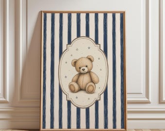 Physical Poster - Teddy Bear Nursery Poster, Navy Blue Stripe Vintage Illustration Boys Room Kids Wall Art Print Striped Kids Poster