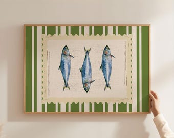 Sardines Wall Art Print Horizontal Coastal Kitchen Decor Nautical Fish Poster Vintage Green Gingham Digital Download Fisherman's