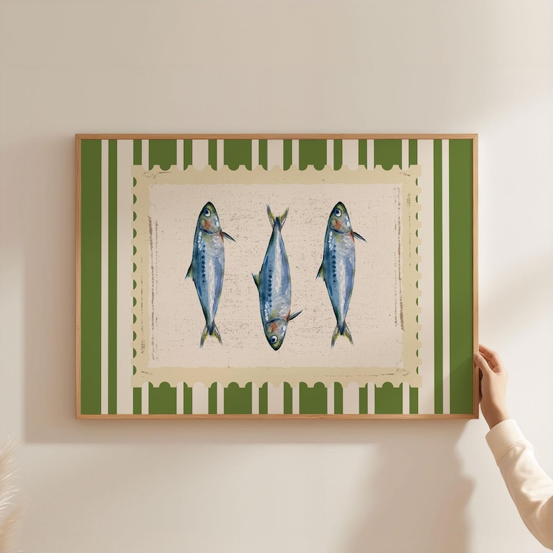 Sardines Wall Art Print Horizontal Coastal Kitchen Decor Nautical Fish Poster Vintage Green Gingham Digital Download Fisherman's