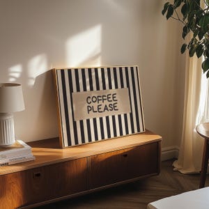 Póster físico - Arte de pared "Café, por favor, desayuno", cita tipográfica divertida de cocina a rayas negras y beige, póster de cafetería/bar de café con leche estilo rústico imagen 9