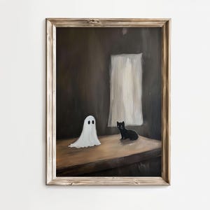 Cute Ghost & Black Cat Spooky Decor, Vintage Print, Academia Style Painting, Vintage Halloween Printable Wall Art