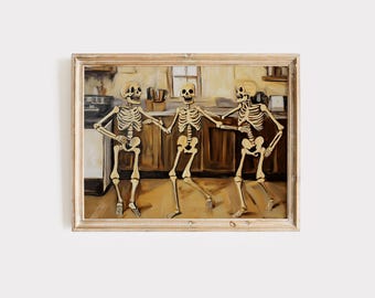 Dancing In Kitchen Skeletons Funny Halloween Wall Art | Printable Halloween Decor | Horizontal Landscape Skeleton Poster | Digital Print