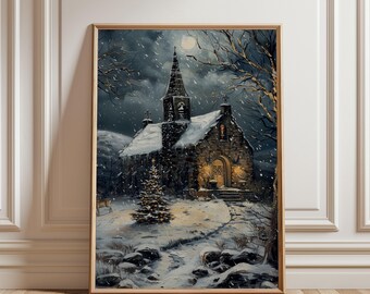 Physical Poster - Christmas Church Wall Art, Holiday Decor Poster, Vintage Oil Painting Style, Moonlit Winter Print, Cozy Cottage Wall Art