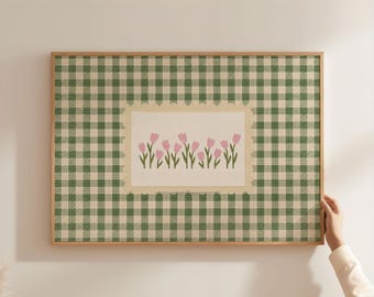 Physical Poster - Pink Tulip Cross Stitch Wall Art Print, Sage Green Gingham Floral Botanical Cottagecore Home Decor