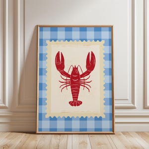 Lobster Sea Life Ocean Seafood Stripe Kitchen Maximalist Colourful Retro Wall in Blue Red|Checkered Pattern Digital Prints|Trendy Art Print