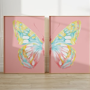 Set Of 2 Y2K Split Half Butterfly In Pastel Pink Yellow Blue Wall Art for Living Room| Wall Decor Digital Prints Home Decor Trendy Art Print