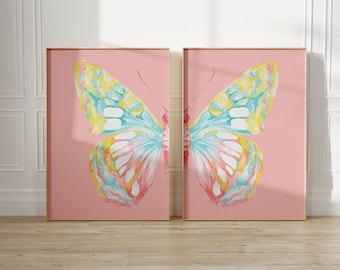 Set Of 2 Y2K Split Half Butterfly In Pastel Pink Yellow Blue Wall Art for Living Room| Wall Decor Digital Prints Home Decor Trendy Art Print