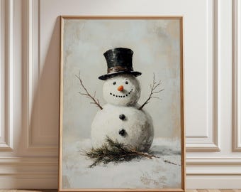 Physical Poster - Snowman Wall Art, Christmas  Poster, Vintage Oil Painting Style, Farmhouse Winter Print, Rustic Holiday Wall Art