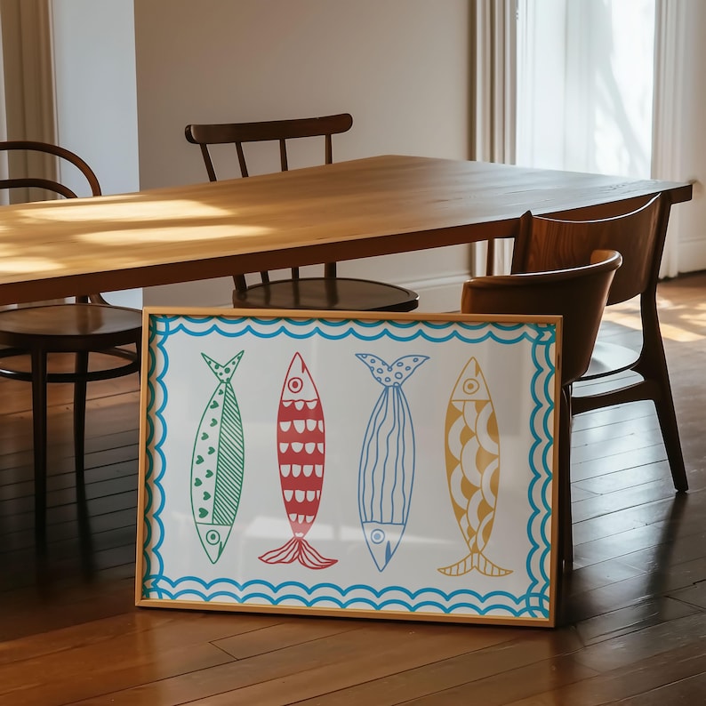 Physical Poster - Landscape Horizontal Sardines Wall Art | Colourful Fish Kitchen & Nursery Decor | Marine Inspired Artwork