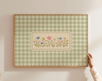 Physical Poster - Wildflower Meadow Cross Stitch Wall Art Print, Sage Green Gingham Botanical Cottagecore Home Decor