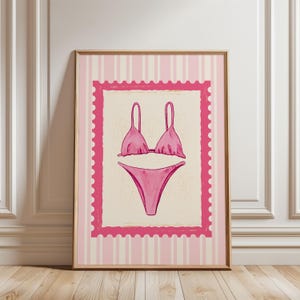 Physical Poster - Bikini Print Pink Beachy Wall Art, Coastal Aesthetic Poster, Summer Wall Art, Bikini Trendy Preppy Stripped Print