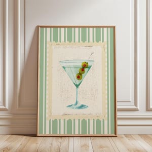 Martini Alkohol Wein Druck, grün Beige gestreifte Stempel Kokette Wandkunst, trendiges Schlafzimmer & Küchenbar Dekor, modernes Trink Poster