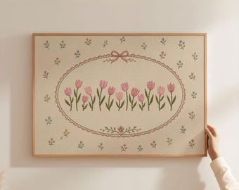 Physical Poster - Pink tulip botanical wall art poster, ribbon oval floral print, ditsy floral cottagecore decor, Nursery Kids Bedroom Print
