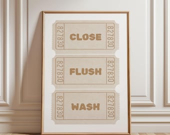 Close Flush Wash Funny Bathroom Toilet Rules Digital Print |Beige White Toile Print Retro Art  | Trendy Digital Wall Art Print