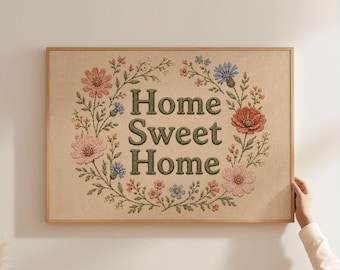Physical Poster - Home Sweet Home floral wreath poster, faux embroidery effect wall art, cottagecore entryway print, physical poster