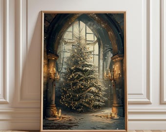 Physical Poster - Christmas Tree Wall Art, Holiday Decor Poster, Gothic Arch Print, Candlelit Winter Wall Art, Moody Christmas Print