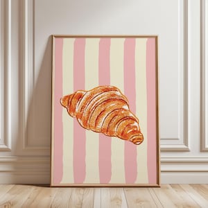 Physical Poster - Croissant Breakfast Wall Art | Patel Colourful Retro Stripe Print | Maximalist Kitchen Decor in Pink Yellow