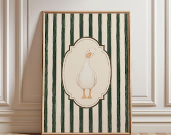 Physical Poster - White Duck Goose Nursery Poster, Forest Green Stripe Vintage Illustration Kids Room Wall Art Print Striped Kids Poster