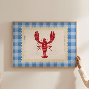 Lobster Wall Art Print Horizontal Coastal Kitchen Decor Nautical Fish Poster Vintage Blue Red Checkered Pattern Gingham Digital Download