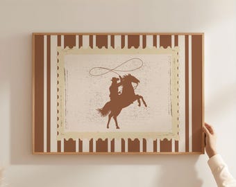 Vintage Rodeo Print Cowboy Brown Wall Art, Striped Horse Digital Download, Rustic Mid Century Modern Bedroom Decor, Retro Western Art