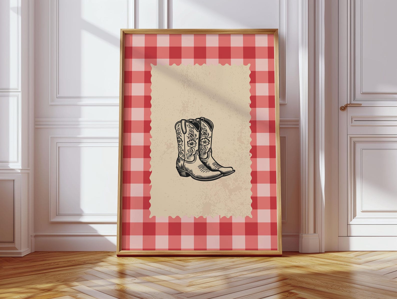 Vintage Checkered Rodeo Print Western Bedroom Poster Cowboy Boots Red ...