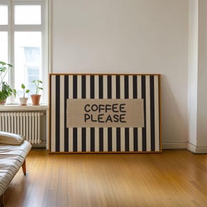 Póster físico - Arte de pared "Café, por favor, desayuno", cita tipográfica divertida de cocina a rayas negras y beige, póster de cafetería/bar de café con leche estilo rústico imagen 11