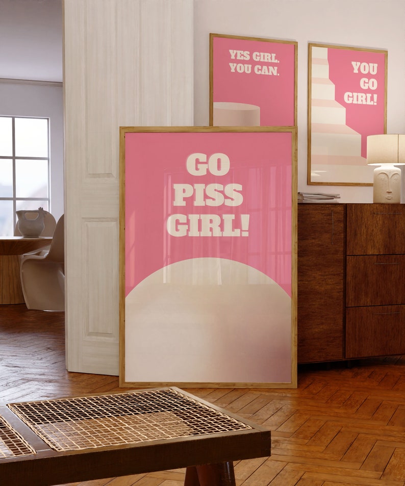 Y2K 3D Style 'Go Piss Girl!' self-love Quote Wall Art for Bedroom In Pink And Beige | Wall Decor| Digital Prints| Home Decor| Art Print
