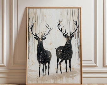 Physical Poster - Stag Wall Art, Modern Wildlife Poster, Gold Speckled Deer Print, Neutral Minimalist Decor, Winter Forest Wall Art
