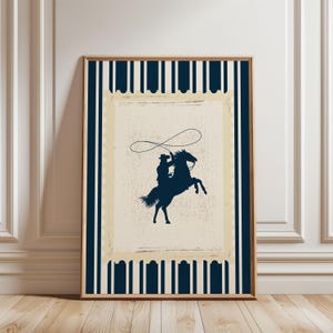 Physical Poster - Vintage Striped Rodeo Print Western Bedroom Poster Cowboy Wall Art Navy Rustic Mid West Mid Century Modern Retro Print