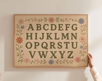 Physical Poster - Alphabet A to Z poster for kids, faux embroidery effect floral chart, nursery classroom learning print, physical poster