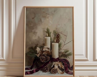 Physical Poster - Christmas Candle Wall Art, Holiday Still Life Poster, Vintage Oil Painting Style, Moody Winter Decor, Pine Wreath Print