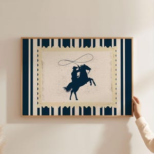 Physical Poster - Vintage Rodeo Print Cowboy Navy Wall Art, Striped Horse Wall Art, Rustic Mid Century Modern Retro Western Art