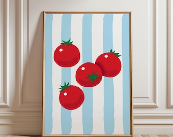 May include: Four red tomatoes on a blue and white striped background. The tomatoes are arranged in a cluster, with the largest tomato at the top and the smallest tomato at the bottom.