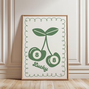 Lucky Me 8 Ball Cherry Art Print Saga Green Poster, Vintage Food Print, Trendy Retro Print, Mid Century Print, Modern Kitchen Wall Art