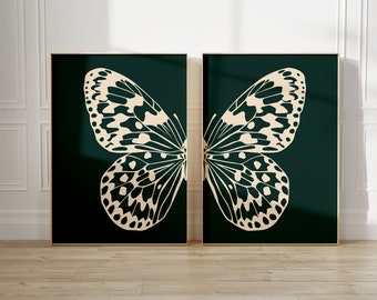 Set Of 2 Y2K Split Half Butterfly In Emerald Green and Beige Wall Art| Wall Decor| Digital Prints| Home Decor| Art Print