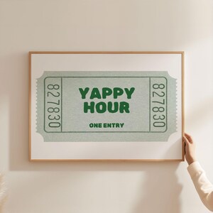Green Yappy Hour Ticket Print | Funny Kitchen Bar Cocktail Art, Happy Hour Trendy Digital Prints for Retro Wall Art Landscape Horizontal