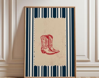Vintage Striped Rodeo Print Western Bedroom Poster Cowboy Boots Wall Art Red Navy Rustic Mid West Mid Century Modern Retro Aesthetic Print